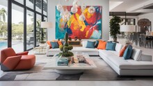 Wide Angle Shot Of A Modern Florida Luxury Condo Living Room With Vibrant Modern Funiture And Amazing Wall Art, 16:9