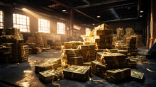 Sunlight Streams Into A Warehouse Filled With Stacks Of Money, Creating A Dramatic Scene.