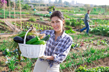 Wall Mural - Positive woman harvesting in her garden with other people in background