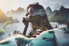 Double Exposure Of Adult Female Thinking About Tropical Landscape
