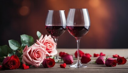 Wall Mural - Composition with two glasses of white wine. Valentine's Day card for February 14th. Background with selective focus