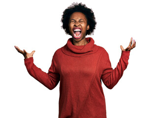 Poster - African american woman with afro hair wearing turtleneck sweater crazy and mad shouting and yelling with aggressive expression and arms raised. frustration concept.