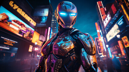 futuristic humans and robots in a city at night with neon light surroundings, AI, artificial intelligence concept, future world concept