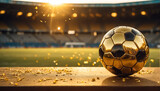 Fototapeta Sport - Golden soccer ball against the backdrop of an empty stadium