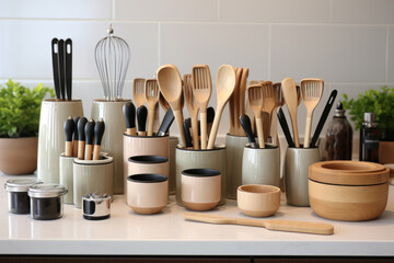 Wall Mural - A set of stylish and modern kitchen utensils neatly arranged on a clean countertop. Concept of contemporary culinary tools. Generative Ai.