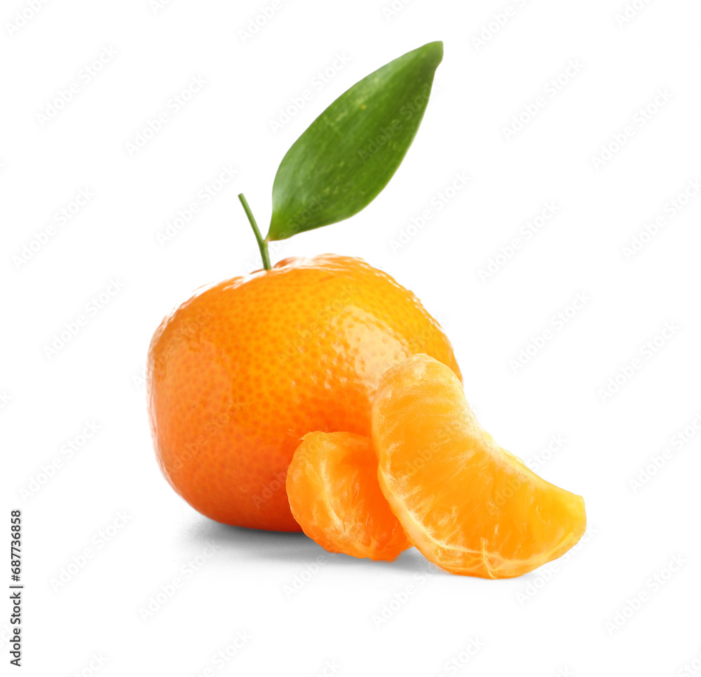 Sweet mandarin with leaf on white background