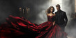 A girl in a red flowing dress and a man in a black suit on a blurred dark interior background. Design template with an empty space for your text.