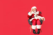 Santa Claus with cute Jack Russell Terrier dog on red background