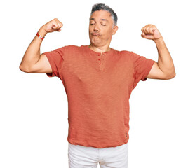 Wall Mural - Handsome middle age man wearing casual clothes showing arms muscles smiling proud. fitness concept.