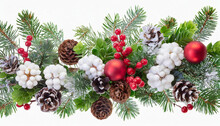 Christmas Tree With Snowberries And Green Twigs, Red Decorations And Cones In A Festive Garland Isolated On White Background
