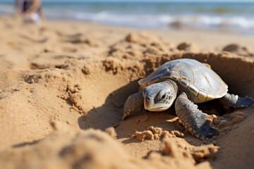 Poster - A serene scene of a turtle laying eggs on a sandy beach, underlining the cyclical and fragile nature of certain species' life cycles.  Generative Ai.