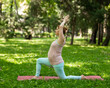 © Михаил Решетников - Pregnant caucasian woman doing yoga in the park. Warrior Pose.