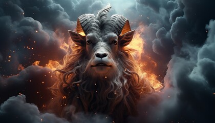 a galaxies goat standing on top of a fire. generative ai image.