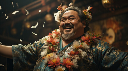 Close-up of a sumo wrestler dressed in traditional Armour and clothing. Happy celebration.