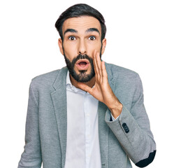 Sticker - Young hispanic man wearing business clothes hand on mouth telling secret rumor, whispering malicious talk conversation