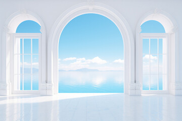  3d landscape rendering of a white room with arch and column in greek or minimal style opening to blue sky and ocean view, pool in the room. Generative AI.