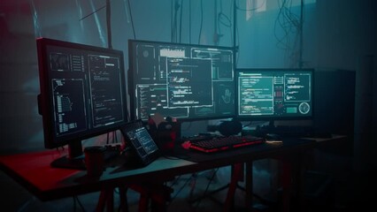 Wall Mural - sophisticated computer setup with monitors arranging on desk