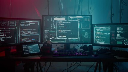 Wall Mural - front view of computer setup with multiple monitors on desk