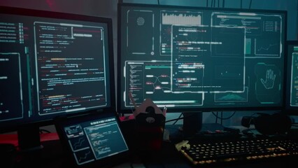 Wall Mural - dark room with computers, monitors and office furniture
