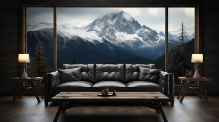 Wall Mural - Sofa - window - mountains - vacation house - mountain home - winter - holiday - Christmas - charming - getaway -vacation - escape - travel - trip - stylish - fashion 