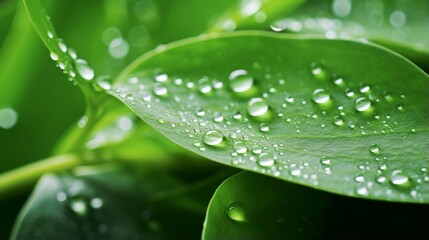 Sticker - Large beautiful drops of transparent rain water on a green leaf macro. Drops of dew in the morning glow in the sun. Beautiful leaf texture in nature. Natural background