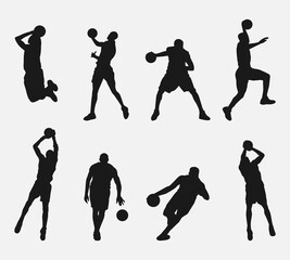 Wall Mural - set of silhouettes of male basketball players with different poses, movements. isolated on white background. vector illustration.