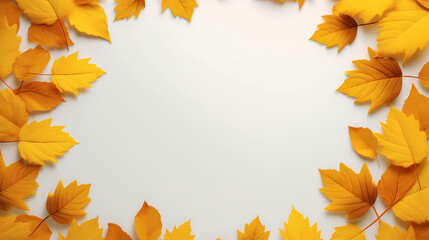 Poster - White background with autumn yellow leaves in a circle. Empty space for product placement or promotional text.