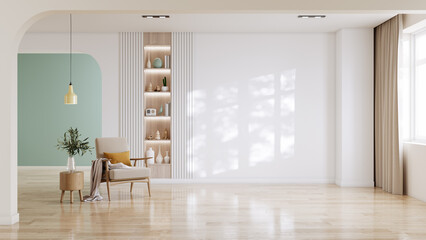 Modern room ,minimalist interior with  armchair on empty white and  pastel blue color wall background.3d rendering