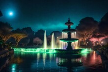 An Ethereal Representation Of The Lima Reserve Park Fountain At Night, Transformed Into A Scene Of Magic And Fantasy, With Glowing Orbs And Mystical Elements