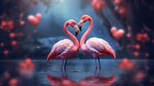 Couple Of Cute Flamingo On Fantasy Aesthetic Valentines Scenery Background