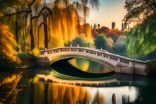 An Ethereal Version Of Bow Bridge In Central Park, Bathed In A Magical Glow With Floating Orbs Of Light And A Dreamy Atmosphere, Artwork