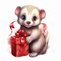 Wall Mural - Cute Ferret  and gift on white background  Christmas concept