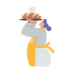 Poster - Bakery with Woman Baker Character in Uniform Stand with Tray and Hot Baked Bread Loaf Vector Illustration