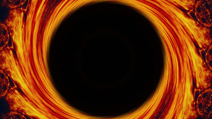 Wall Mural - Fire frame. Burning swirl. Sparks vortex. Blur orange red golden glowing glitter hot whirl spinning circle on dark black abstract illustration empty space background.