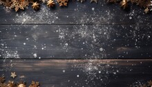top down view on Christmas wooden table background, banner texture with copy space for text or product placement