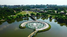 Top View Of Fountain In Pond And Historical Palace. Creative. Amazing Fountain In Lake With Pedestrian Bridges At Historical Palace. Historical Complex With Fountains, Gardens And Buildings