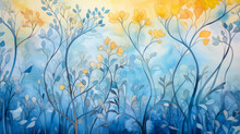 Gold Flowers, Delicate Blue Leaves Art. Navy, Yellow Floral Illustration Of Full Frame Multicolored Background For Winter, Summer, Or Spring Field. Ornamental Garland Plants In Wildflower Garden