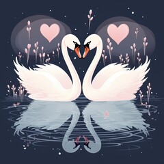 Wall Mural - Graceful swans gliding across a pond, Valentine's Day Concept