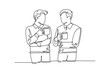 © onetime - Single one line drawing two young successful male workers have a casual chat over drink coffee during office break. Rest break at work concept. Continuous line draw design graphic vector illustration