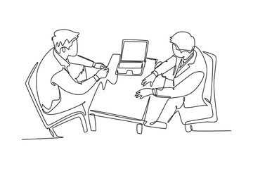 Continuous one line drawing of two young businessmen exploring new business and discussing agreement to merge their business. Business deal concept. Single line draw design vector graphic illustration