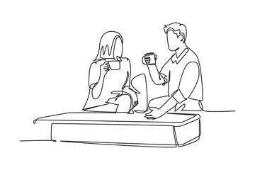 Single continuous line drawing young happy couple male and pretty female doing romantic date and dinner together at coffee shop. Marriage life concept. One line draw graphic design vector illustration