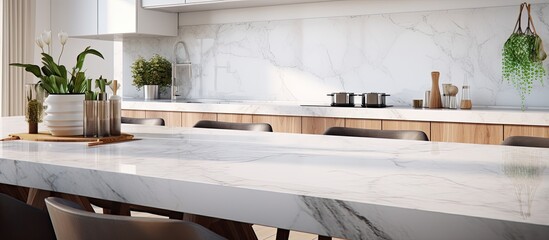 Wall Mural - Close-up of spacious contemporary white marble kitchen combined with dining area