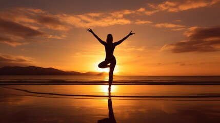 Wall Mural - Silhouette of young woman practicing yoga on the beach at sunset, Young woman practicing yoga in the Natarajasana position