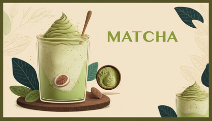 Sticker - Green tea matcha latte cup with copyspace left. This latte is a delicious way to enjoy the energy boost & healthy benefits of matcha. Matcha is a powder of green tea