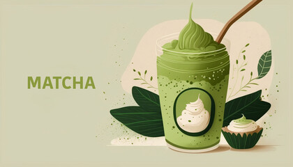 Wall Mural - Instant matcha latte with flying tea leaves and green wave pattern background, with Japanese kanji words matcha and rich flavor