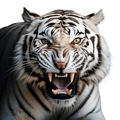 Wall Mural - White tiger close-up, roaring isolated on transparent background, cutout PNG file.