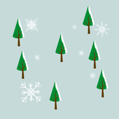 Wall Mural - Green Chistmas trees and snow flakes on light blue background, used for spring concept, vector and illustration design