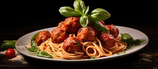 Poster - Italian style pasta with meatballs and tomato sauce.