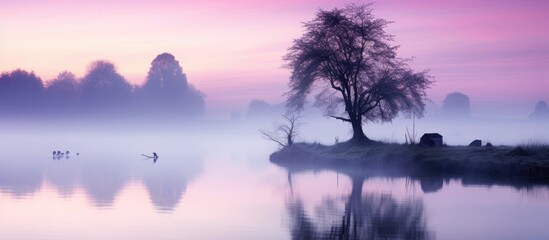 Wall Mural - Enchanting purple dawn reflecting on the water. Misty rural scenery.