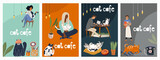 Fototapeta Fototapety na ścianę do pokoju dziecięcego - Set of vector cards with cartoon cat cafe characters, cat, animal friendly, small business graphics, customer and barista. Modern flat vector.